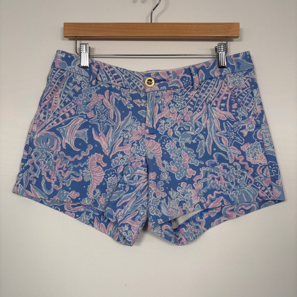 Lilly Pulitzer Women Shorts 6 Blue Pink Seahorse Starfish Sea Life Pique 5in
